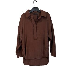 Zara Cotton Blend Oversized Top Size XS Brown Textured Gauze Relaxed Fit